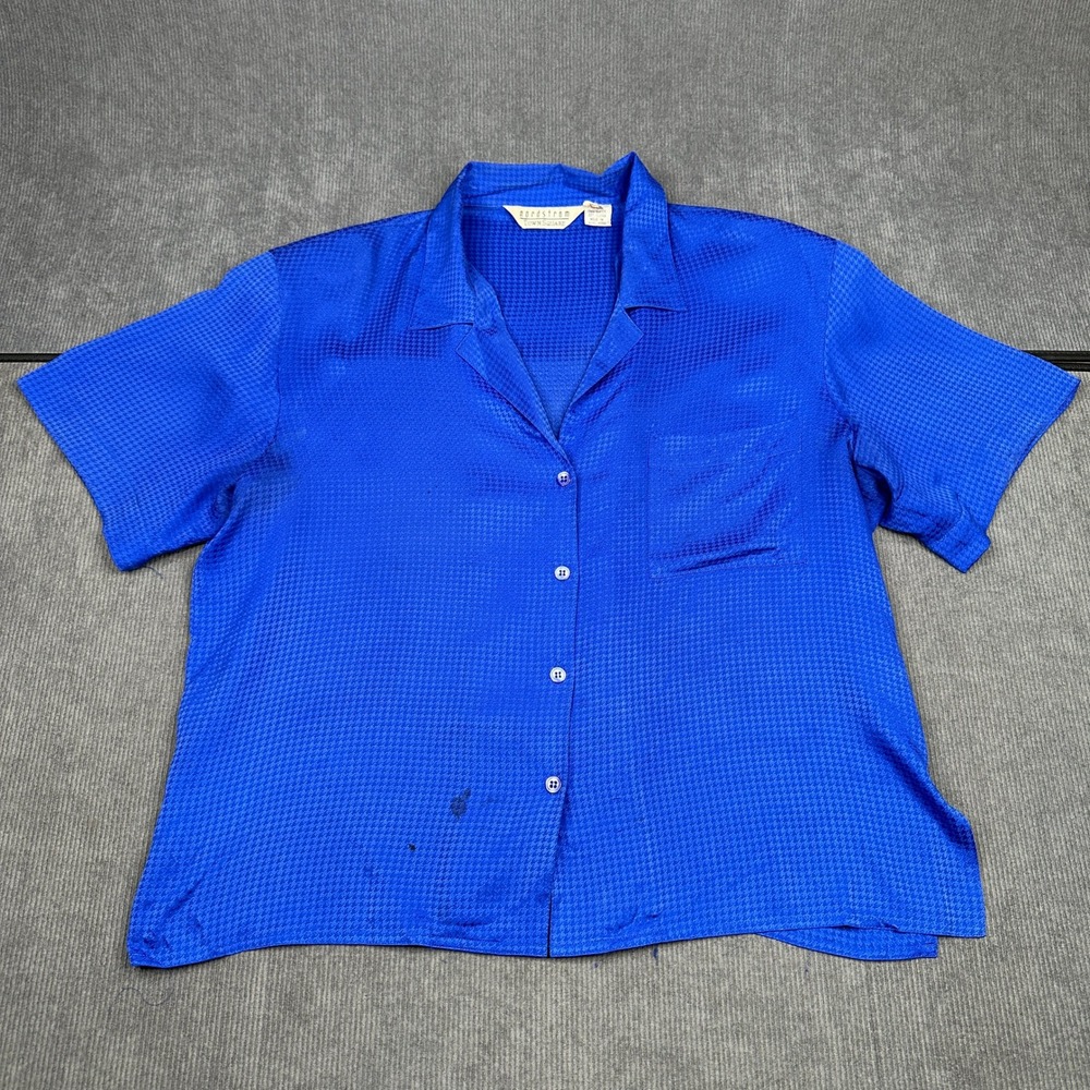 Nordstrom Town Square Vintage Royal Blue 100% Silk Houndstooth Shirt Size M
